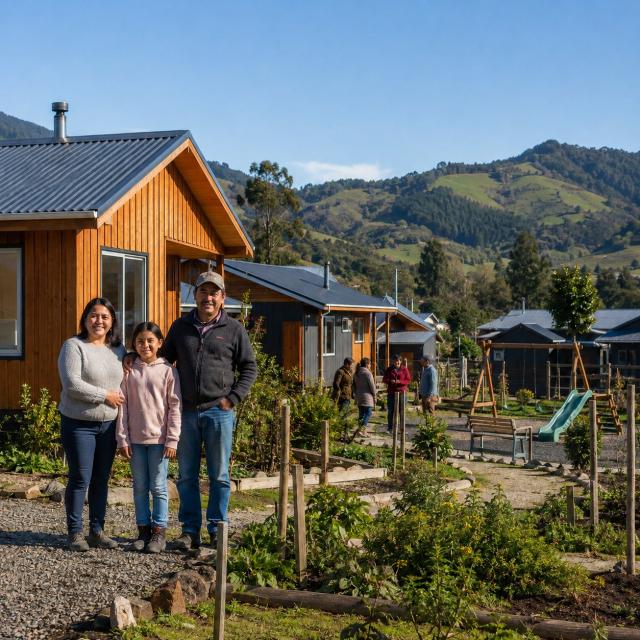 Una familia frente a sus casas nuevas de madera, en un barrio con cerros de fondo.