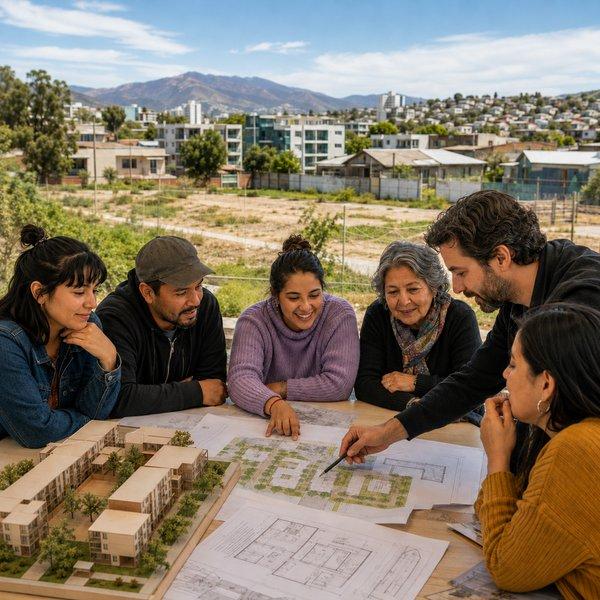 Vecinas, vecinos y un equipo municipal revisan juntos la maqueta de un proyecto habitacional.